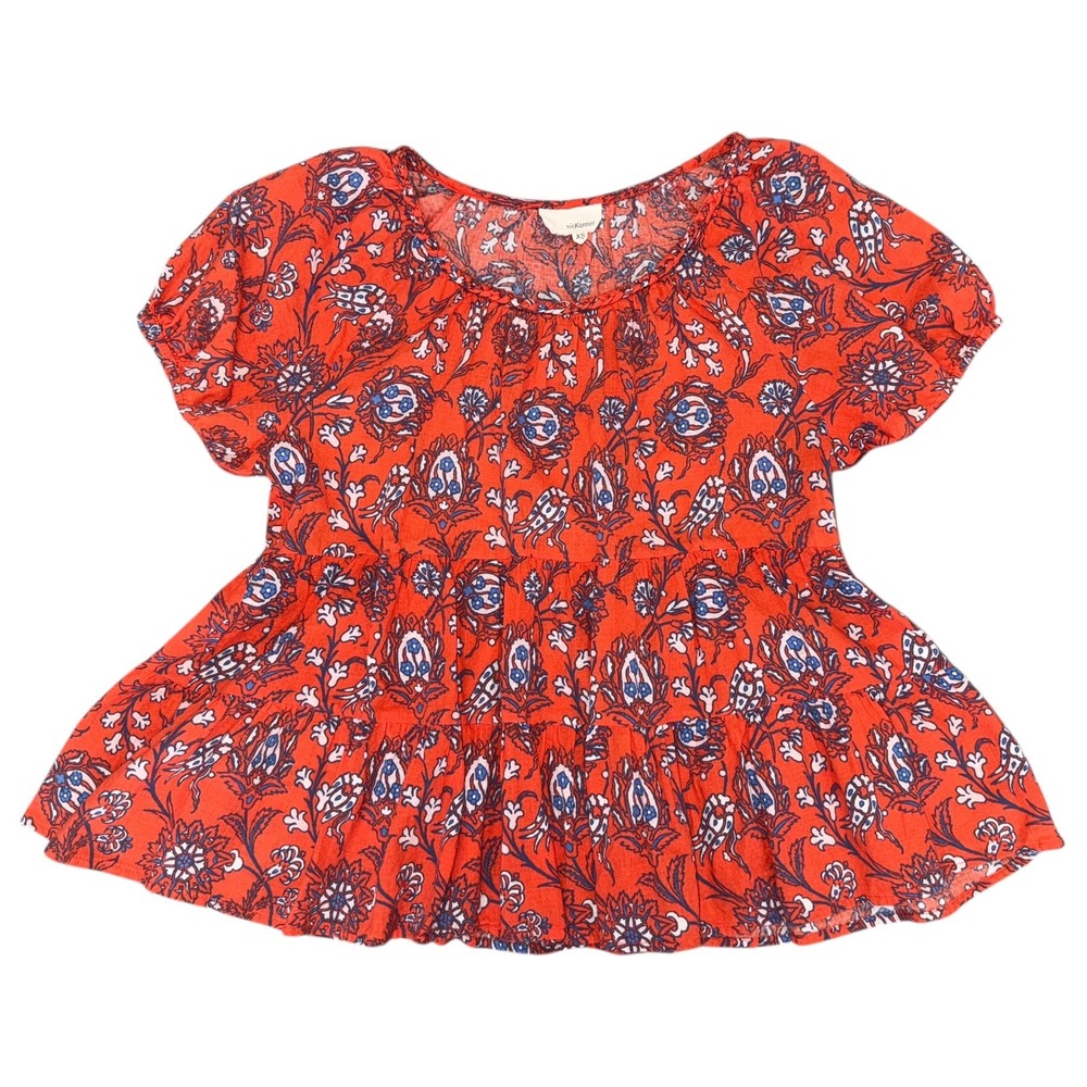The Korner Size XS Red‎ Floral Print Ruffle Short Sleeve Babydoll Top Blouse